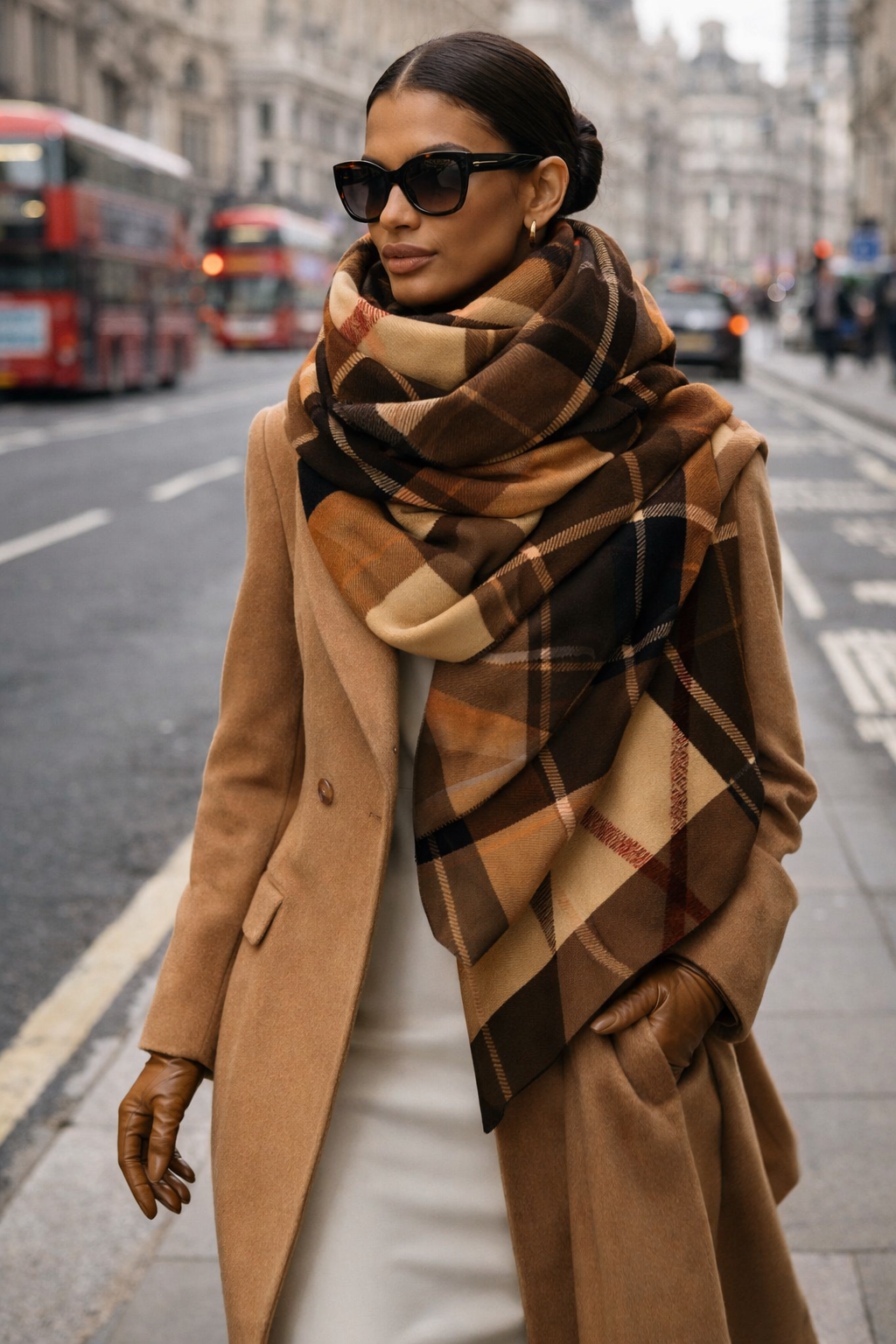 Tartan Shawl Elegant Winter Outfit Layered with Stylish Coat and Gloves