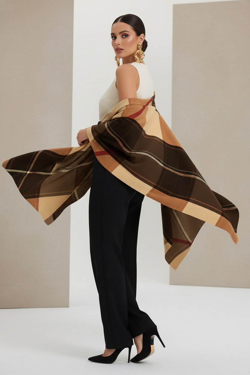 Tartan Shawl Elegant Evening Outfit Brown Plaid Fashion Accessory