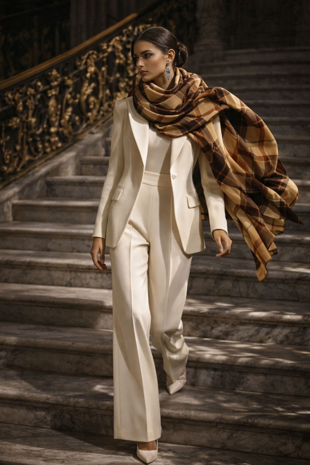 Tartan Shawl Elegant Evening Outfit with White Suit on Stylish Woman