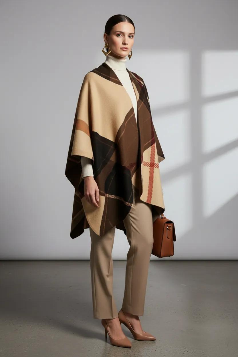 Tartan Shawl Elegant Evening Outfit with Neutral Tones and Stylish Accessories