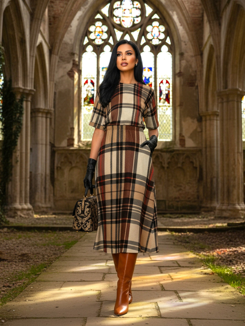 Brown checked tartan midi dress with elegant tailored fit – classic plaid look for women