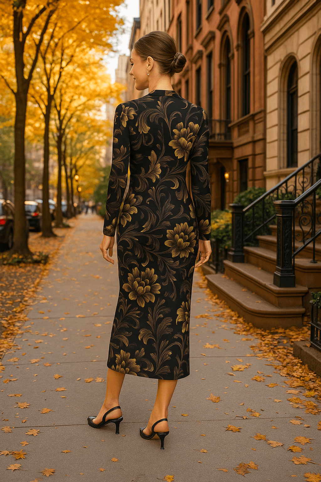 Brown gold baroque midi dress turtleneck style worn by woman walking on autumn city sidewalk