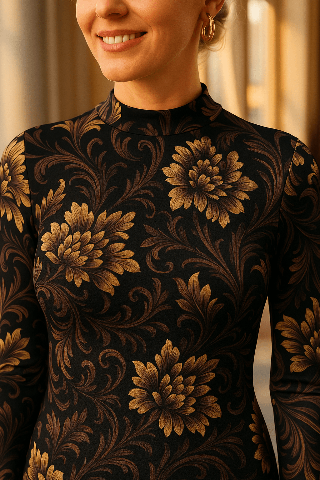 Angelic Blessings Shop brown gold baroque midi dress with turtleneck and floral pattern close-up