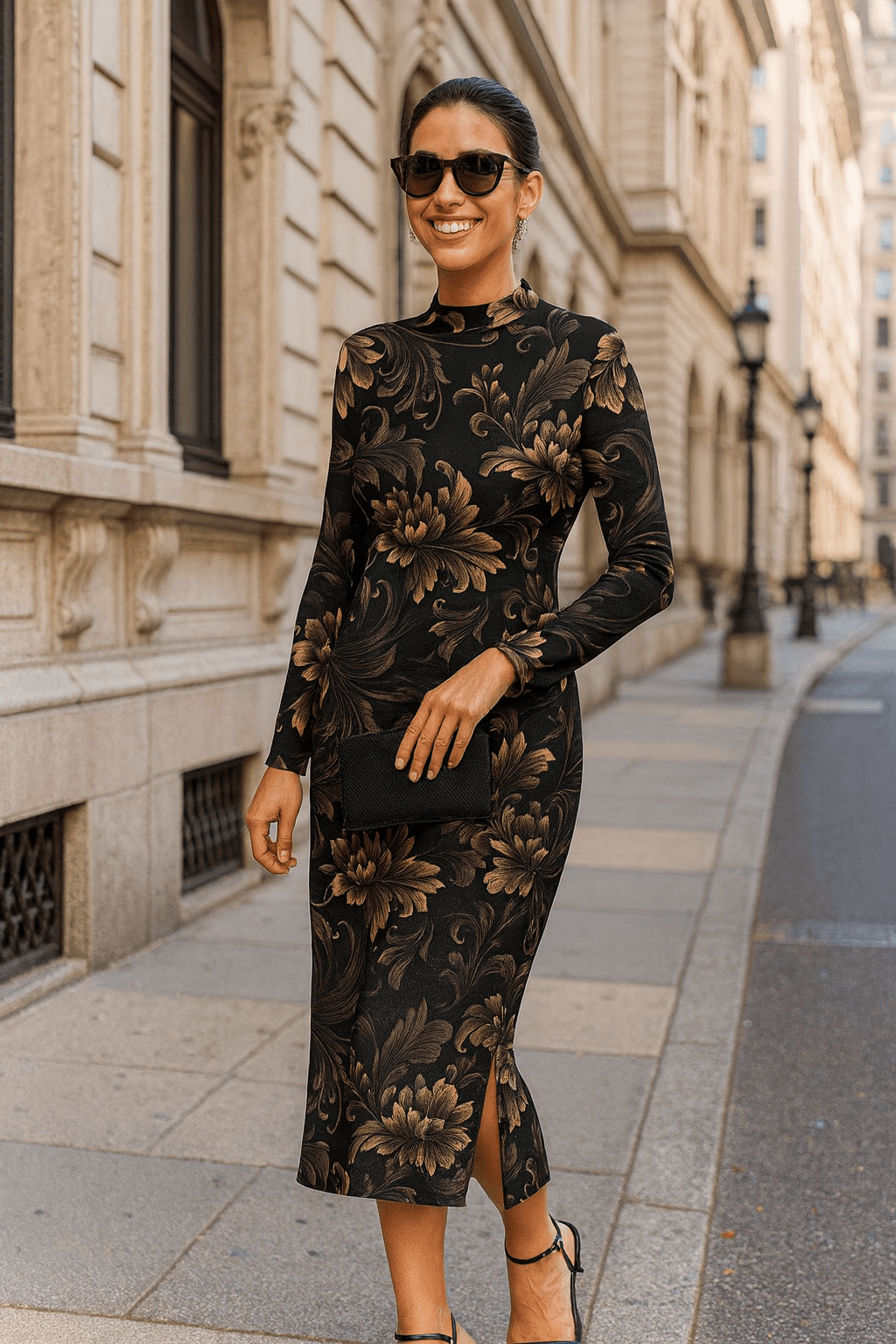 Woman wearing brown gold baroque midi dress turtleneck style with long sleeves and side slit on city street