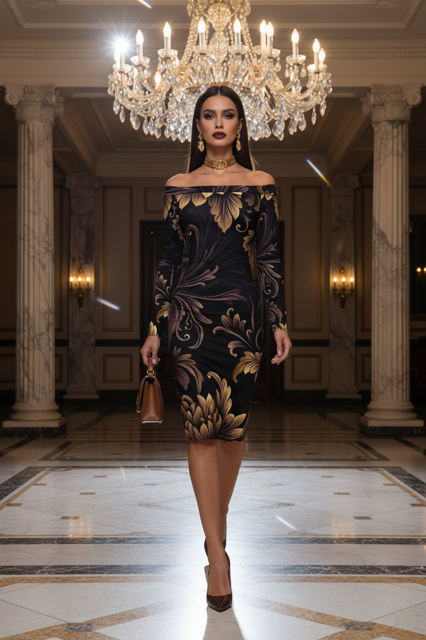 Brown Gold Baroque Off-Shoulder Baroque bodycon dress elegant evening outfit stylish formal