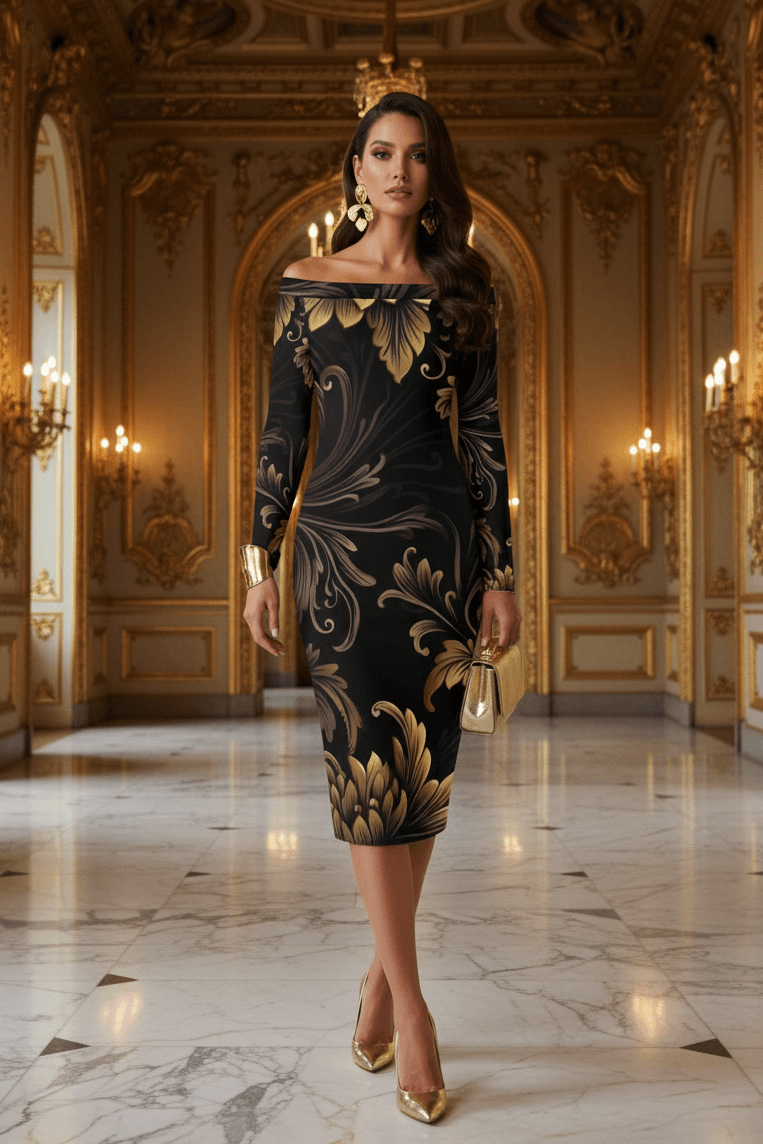 Brown Gold Baroque Off-Shoulder Baroque Bodycon Dress Elegant Evening Outfit with Long Sleeves