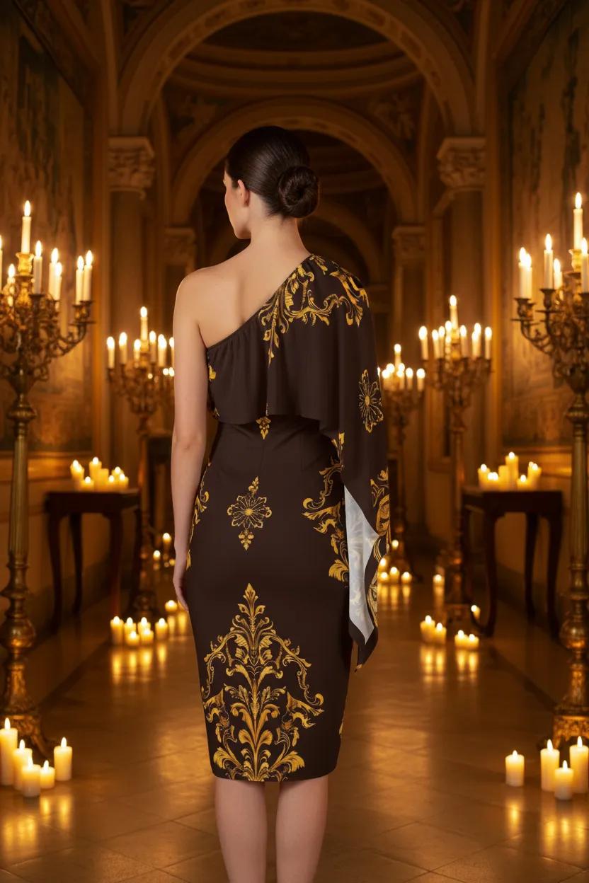 Brown Gold Baroque One Shoulder Midi Dress Elegant Evening Outfit Stylish Design