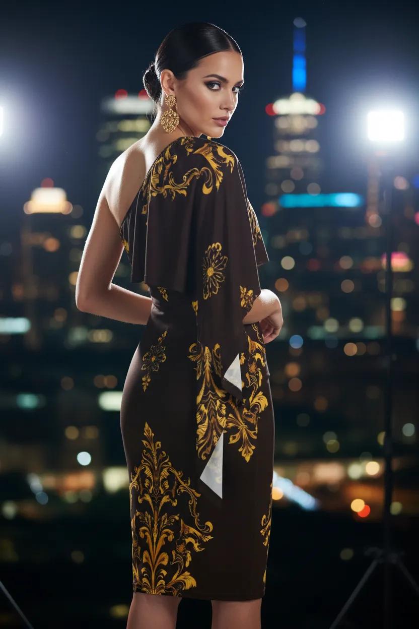Brown Gold Baroque One Shoulder Midi Dress Elegant Evening Outfit Fashion