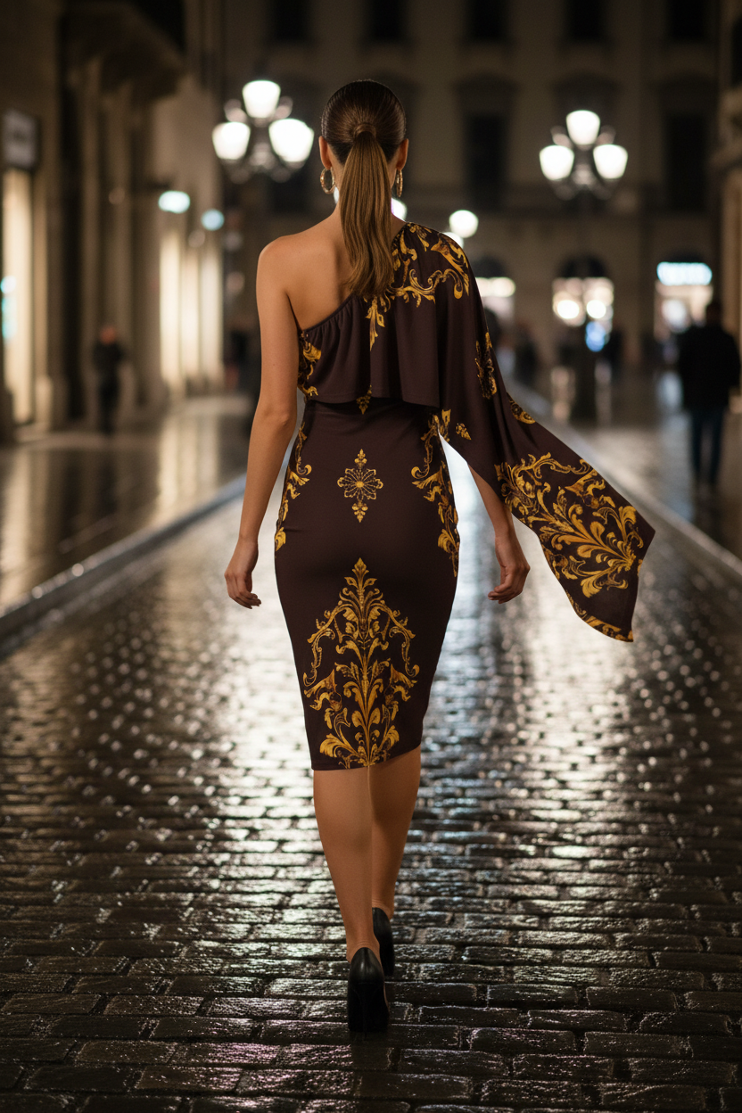 Brown Gold Baroque One Shoulder Midi Dress Elegant Evening Outfit