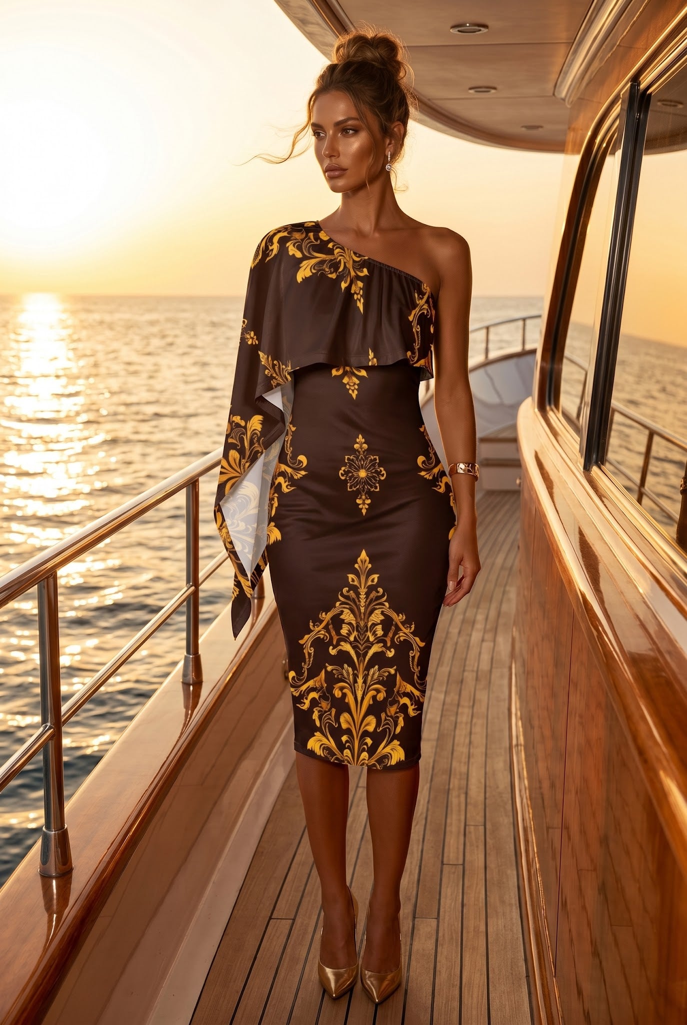 Brown Gold Baroque One Shoulder Midi Dress Elegant Evening Outfit Sunset