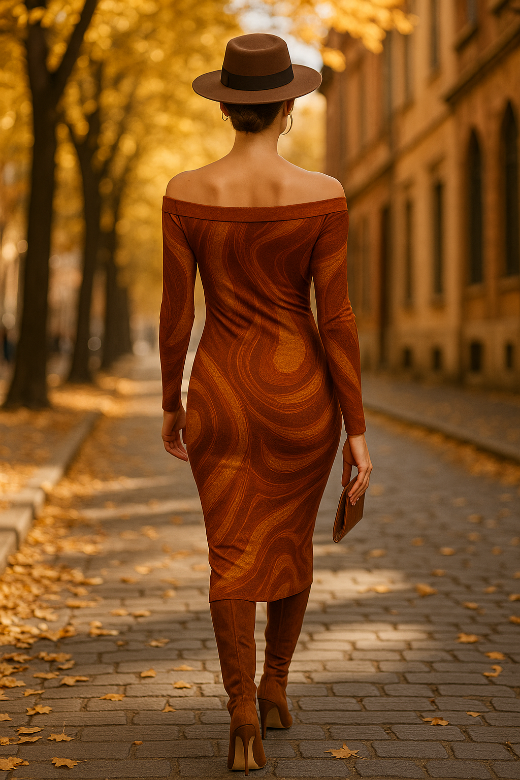 Woman wearing brown gold mosaic off-shoulder dress with long sleeves and matching brown boots walking on autumn street