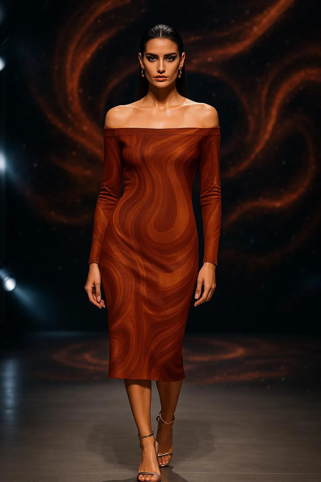 Luxury brown gold mosaic off-shoulder dress with long sleeves and fitted midi silhouette