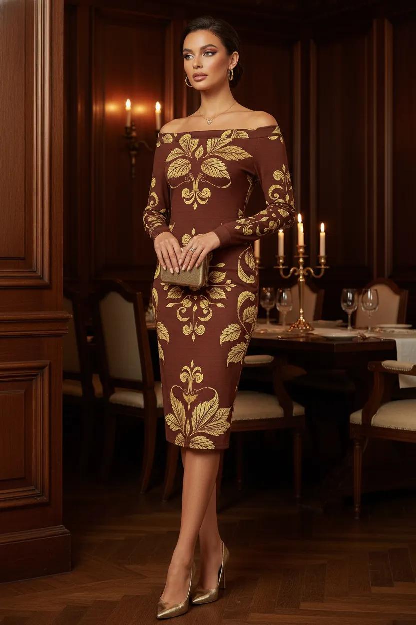 Brown- Golden Leaf-Baroque Bodycon Dress Elegant Evening Outfit with Long Sleeves