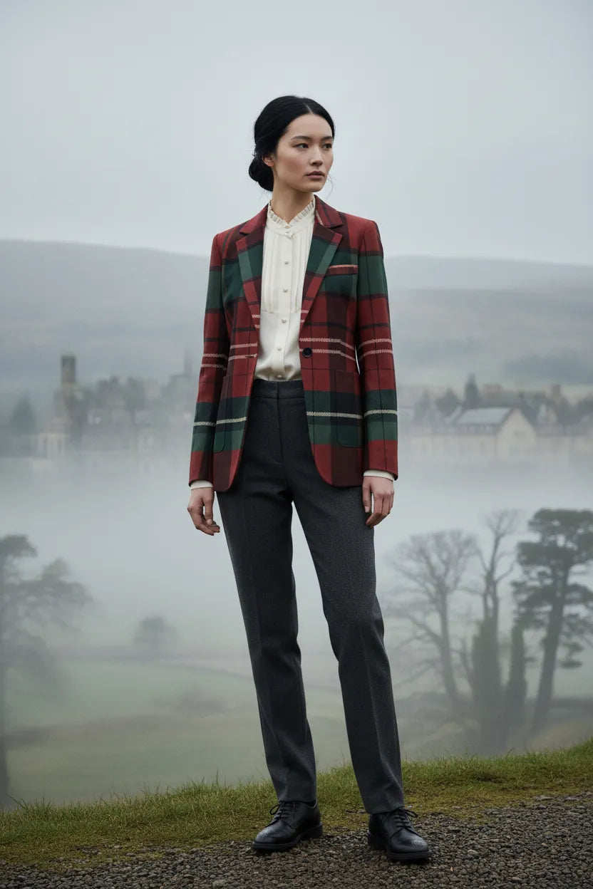 Woman wearing a burgundy and green plaid jacket for women by Angelic Blessing Shop styled with black pants and white blouse