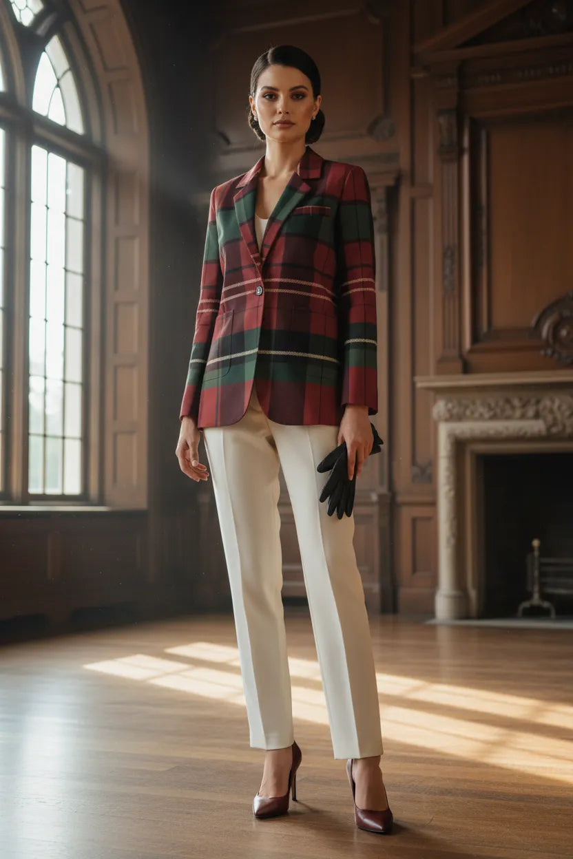 Woman wearing a burgundy and green plaid jacket for women paired with white pants in elegant indoor setting