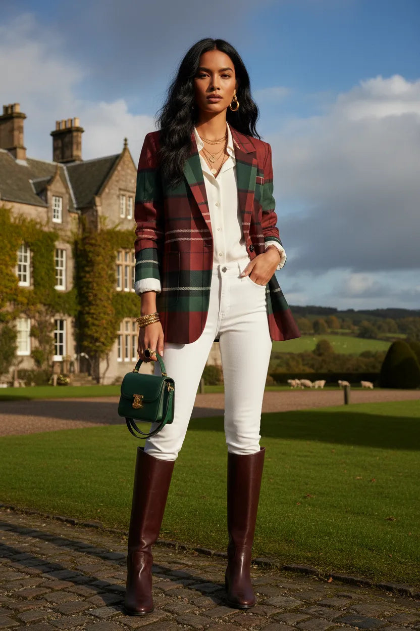 Burgundy and green plaid jacket for women styled with white blouse and pants outdoors