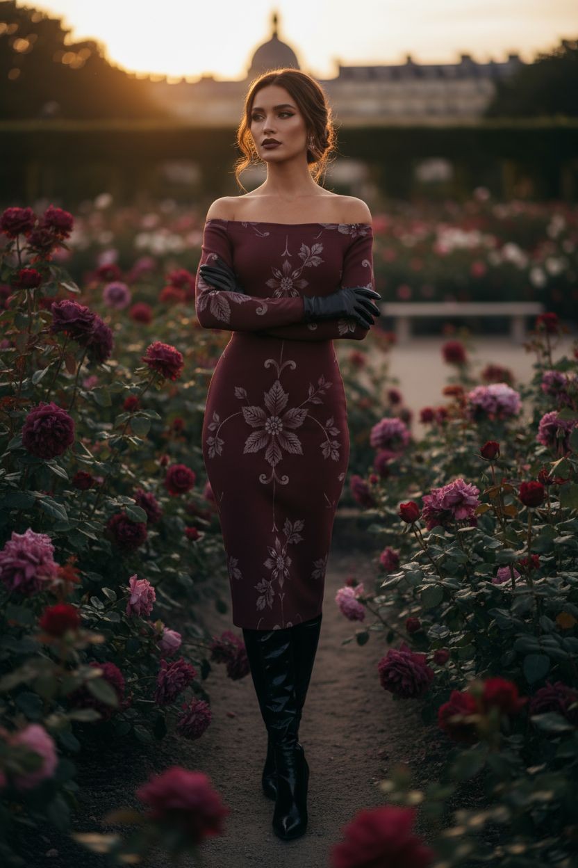 Burgundy baroque floral off-shoulder midi wrap dress for women