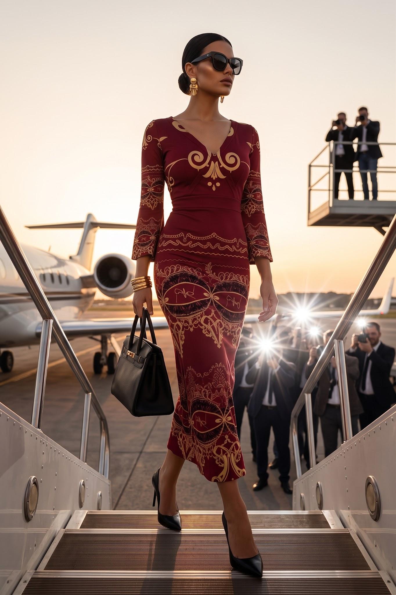 Burgundy Baroque V-Neck Long Sleeve maxi dress elegant evening outfit with gold patterns