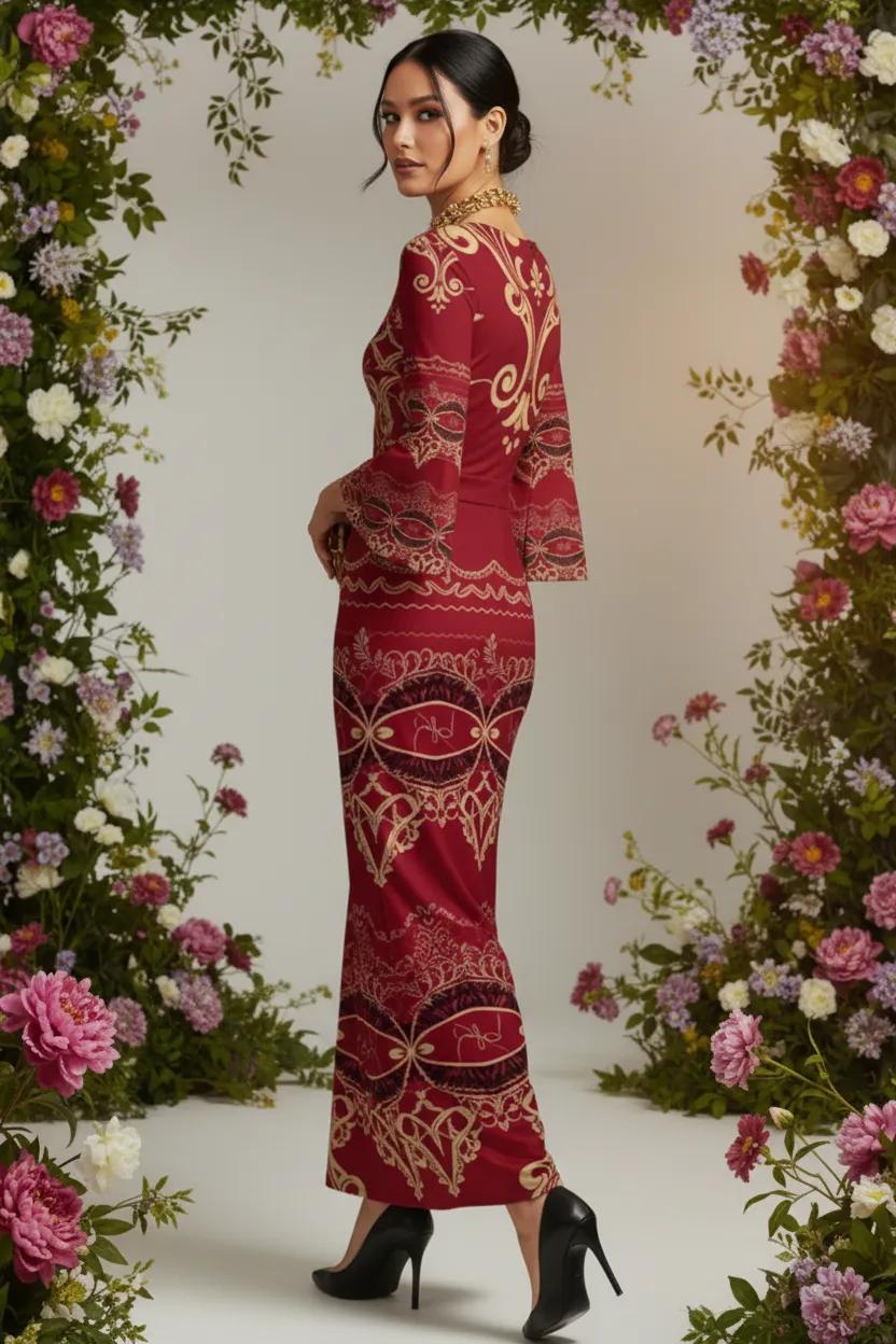 Burgundy Baroque V-Neck Long Sleeve Maxi Dress Elegant Evening Outfit