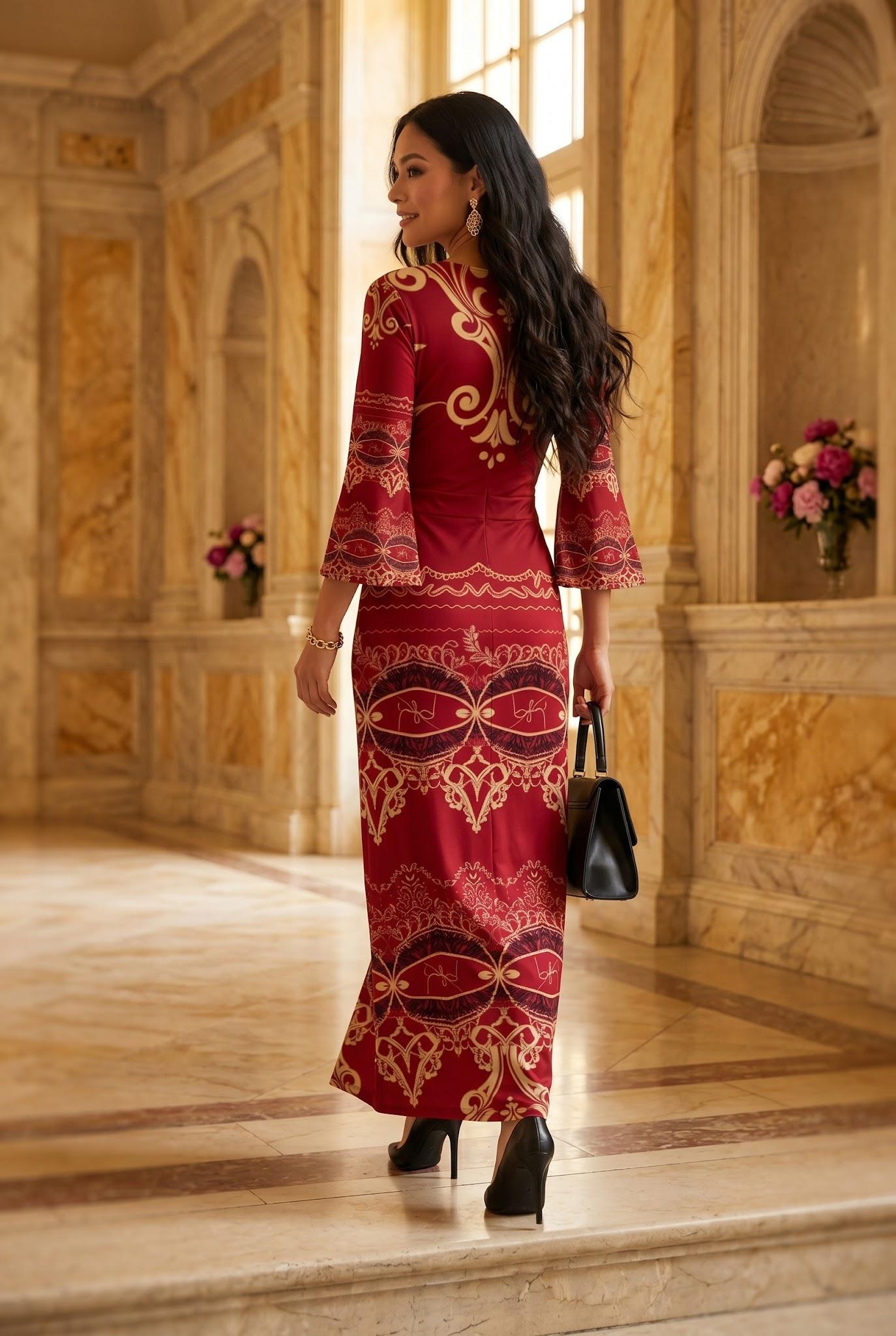 Burgundy Baroque V-Neck Long Sleeve maxi dress elegant evening outfit with intricate patterns