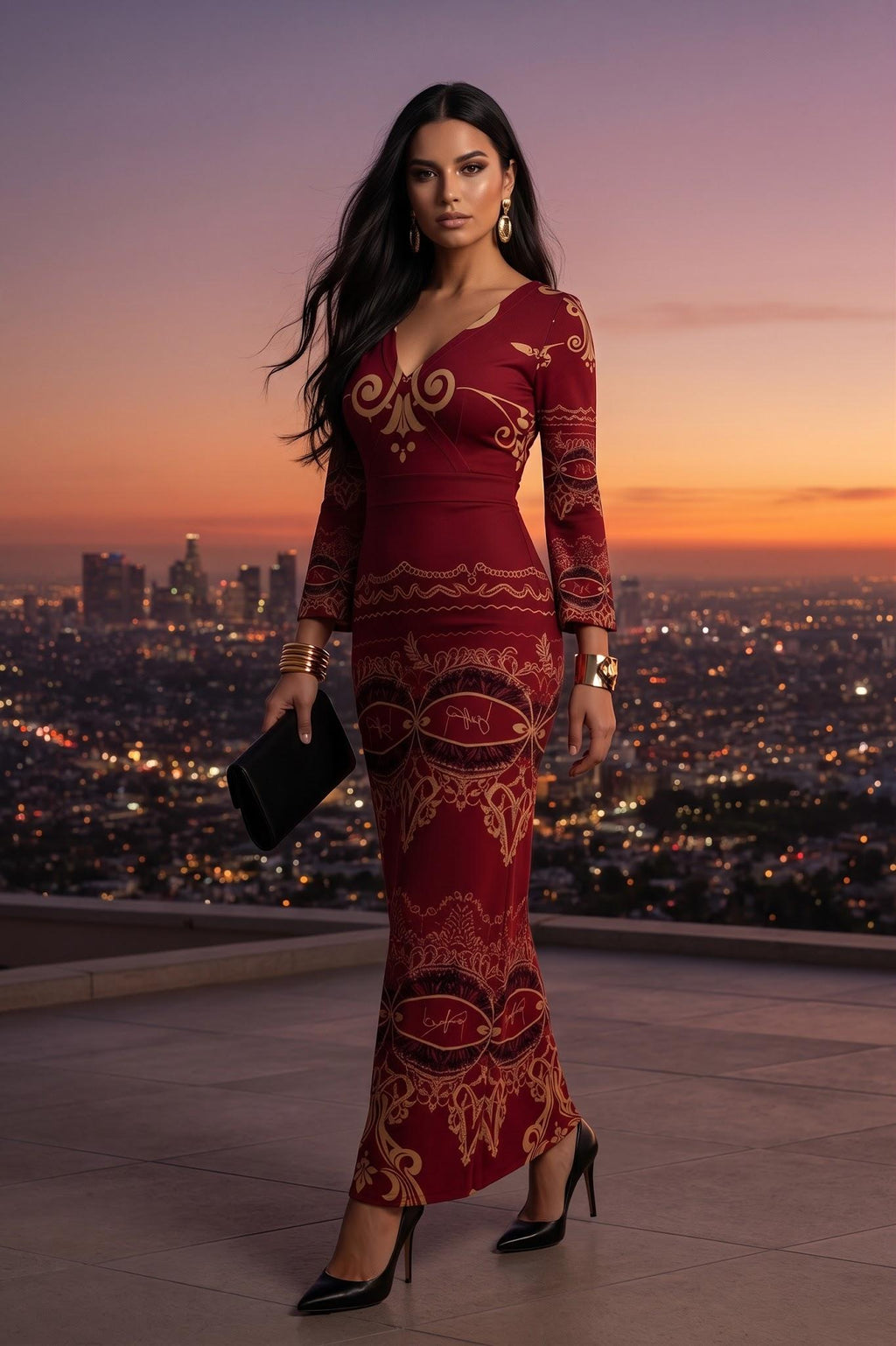 Burgundy Baroque V-Neck Long Sleeve Maxi Dress Elegant Evening Outfit Formal Style