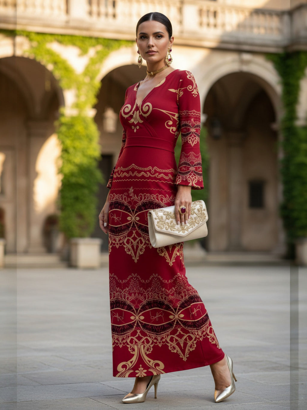Burgundy Baroque V-Neck Long Sleeve Maxi Dress Elegant Evening Outfit with Gold Accents