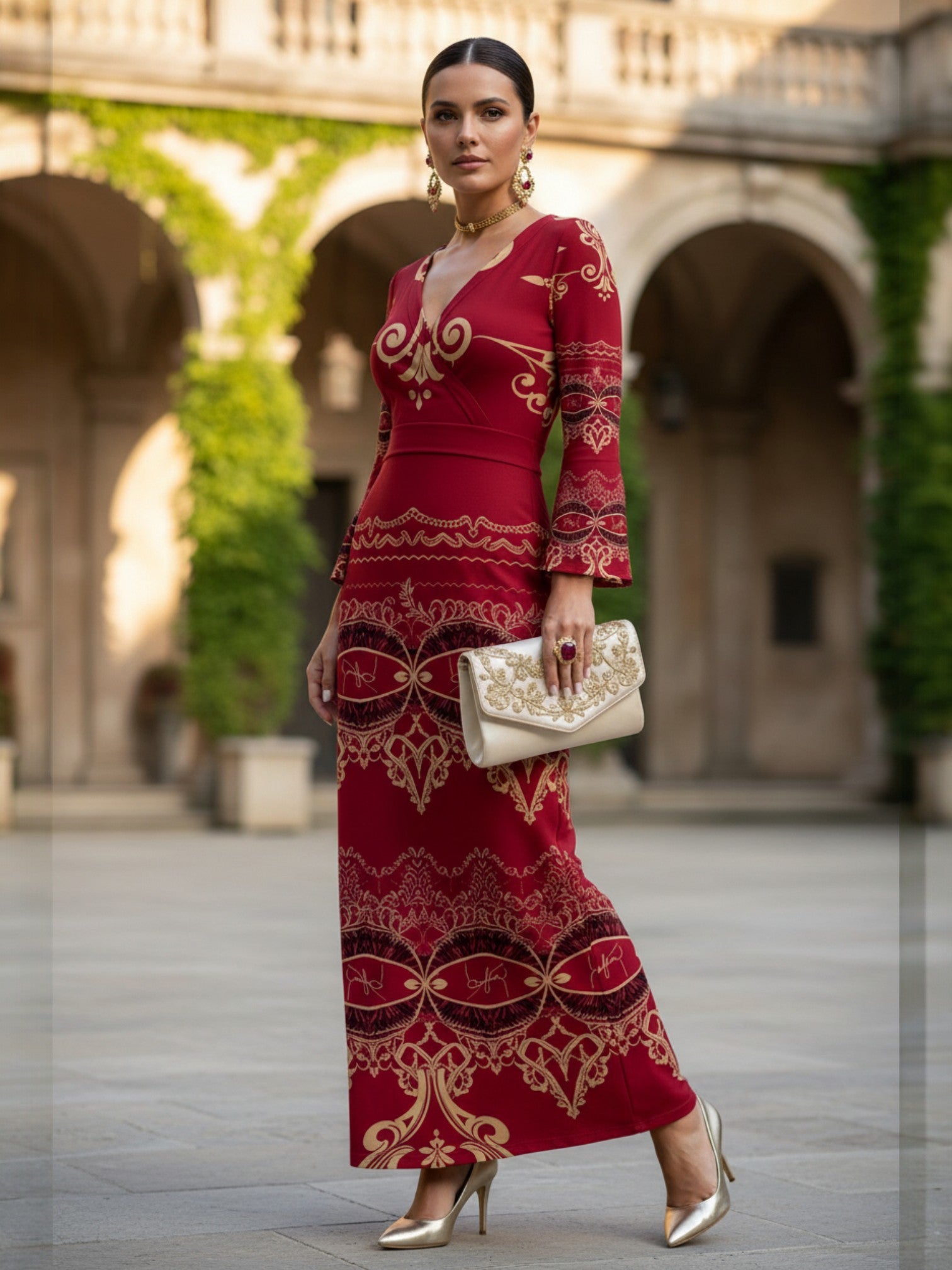Burgundy Baroque V-Neck Long Sleeve Maxi Dress Elegant Evening Outfit with Gold Accents