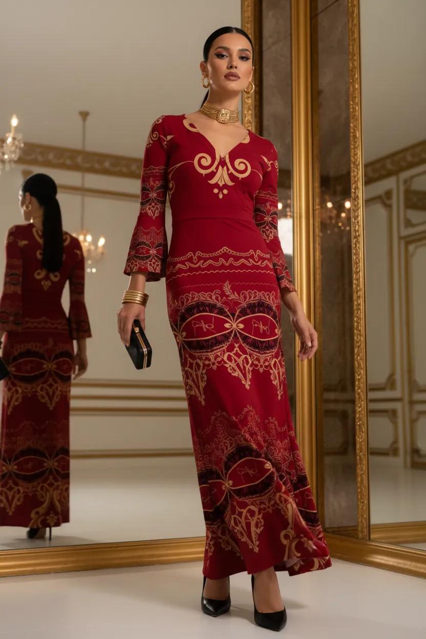 Burgundy Baroque V-Neck Long Sleeve maxi dress Elegant Evening Outfit Formal Wear