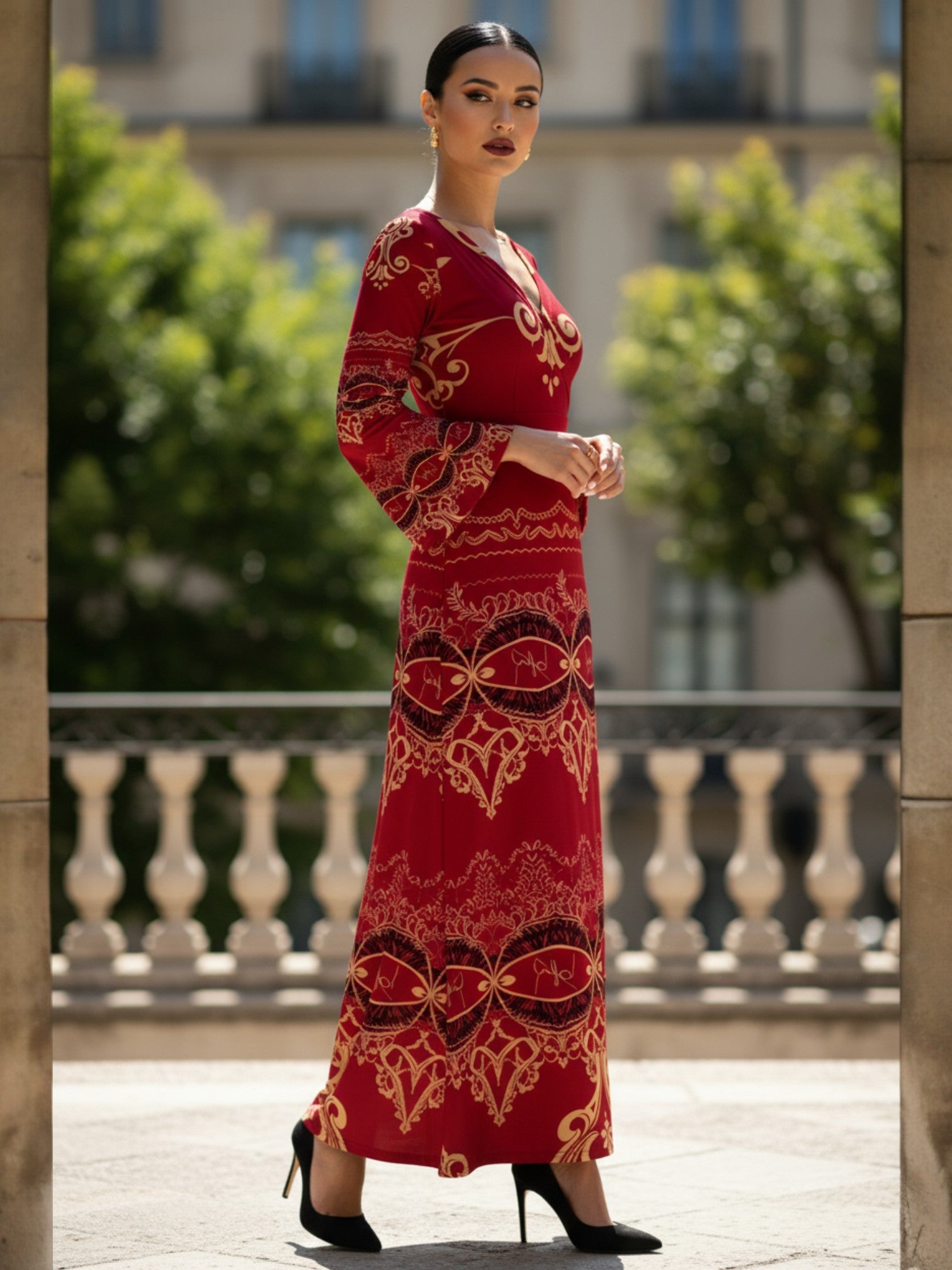 Burgundy Baroque V-Neck Long Sleeve Maxi Dress Elegant Evening Outfit Fashion