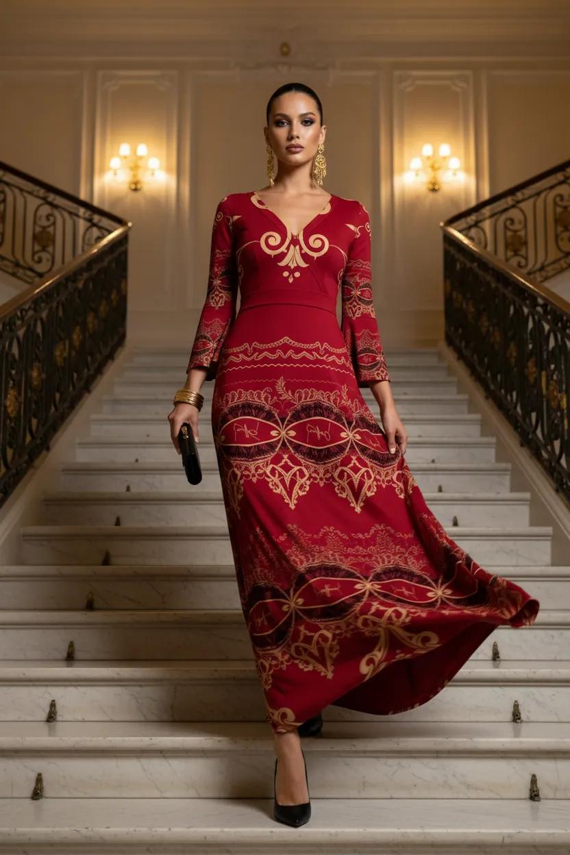 Burgundy Baroque V-Neck Long Sleeve maxi dress elegant evening outfit formal style