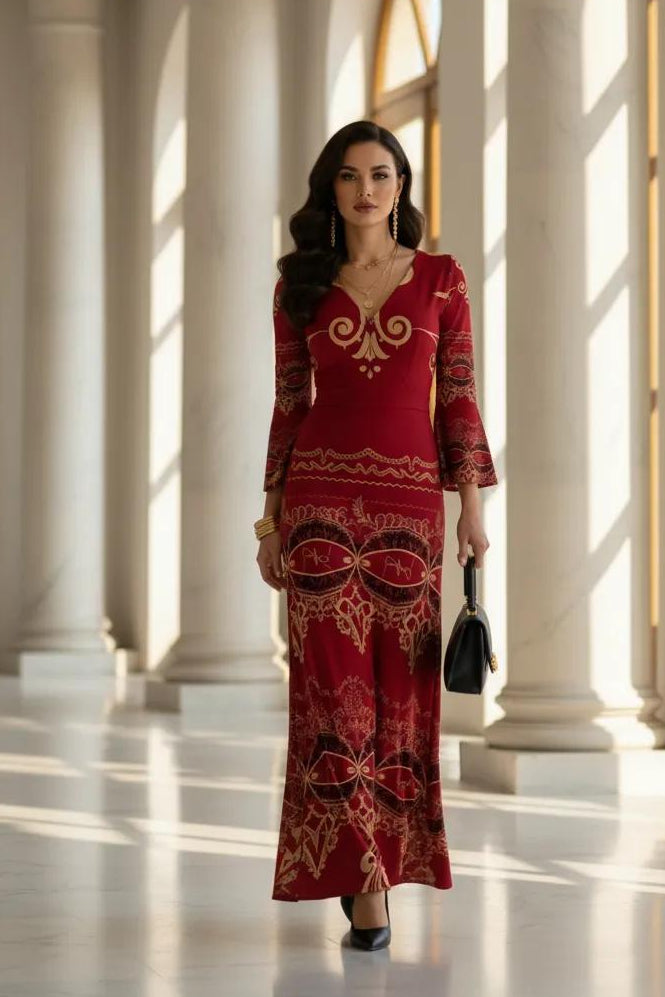 Burgundy Baroque V-Neck Long Sleeve Maxi Dress Elegant Evening Outfit Formal Wear