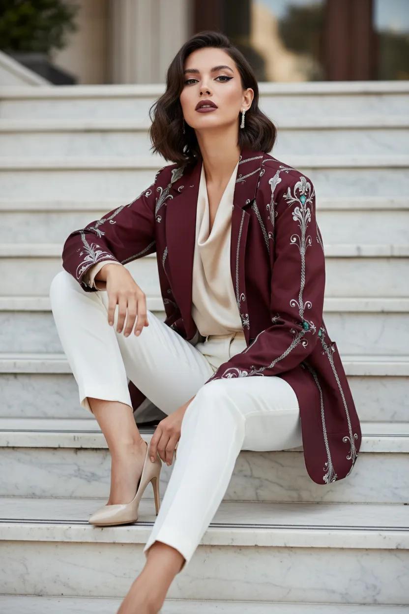 Women's Blazer Clothing Elegant Evening Outfit Burgundy Embroidered Jacket
