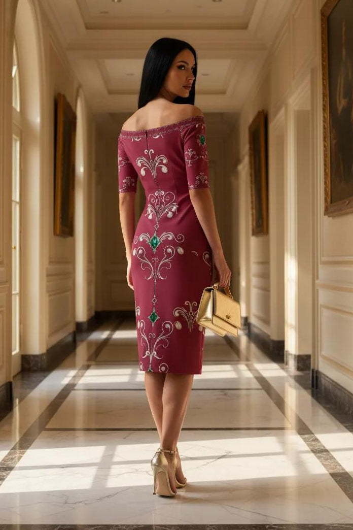 Off Shoulder Bodycon Midi Dress Elegant Evening Outfit with Floral Design