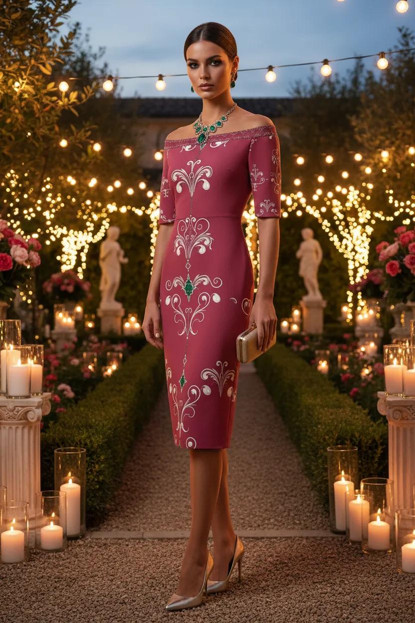 Off Shoulder Bodycon Midi Dress Elegant Evening Outfit Floral Design