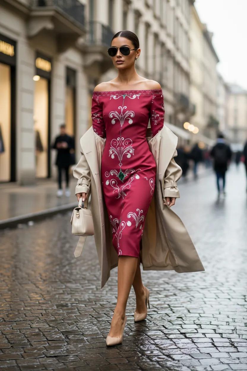Off shoulder bodycon midi dress elegant evening outfit with floral design and beige coat