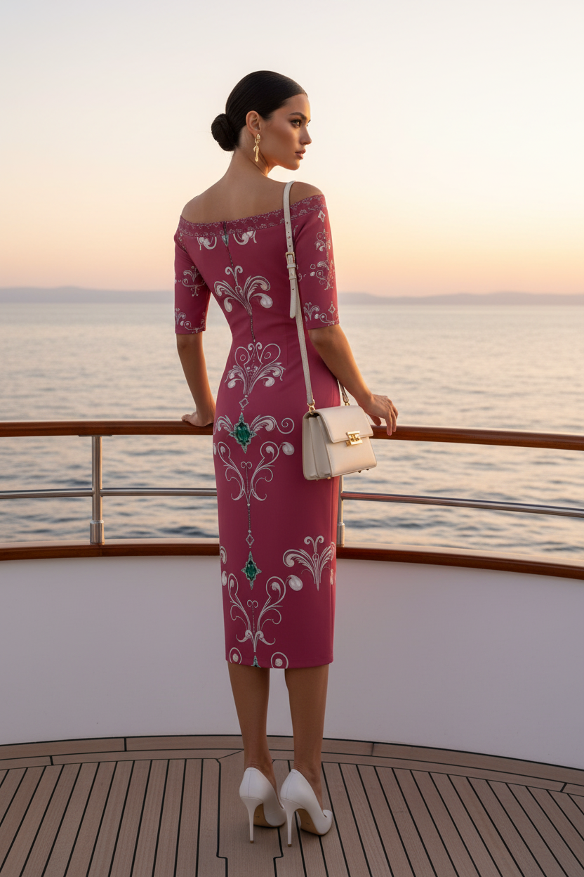 Off Shoulder Bodycon Midi Dress Elegant Evening Outfit with Floral Pattern