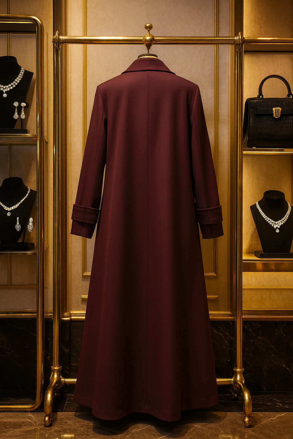 Burgundy trench coat – back view, modern classic style