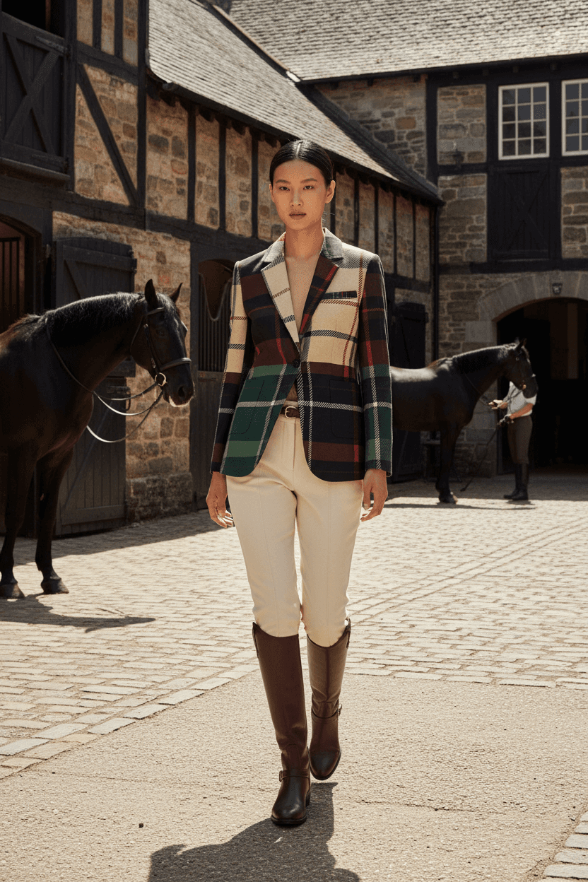 Model wearing a burgundy green plaid cotton blazer from Angelic Blessings Shop styled with cream pants and brown boots