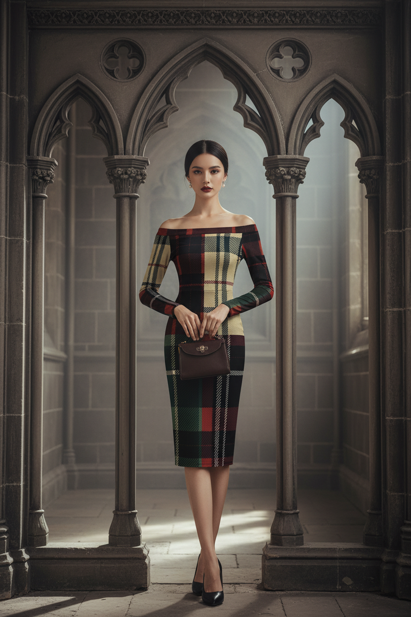 Burgundy green tartan midi dress photographed in editorial studio front view