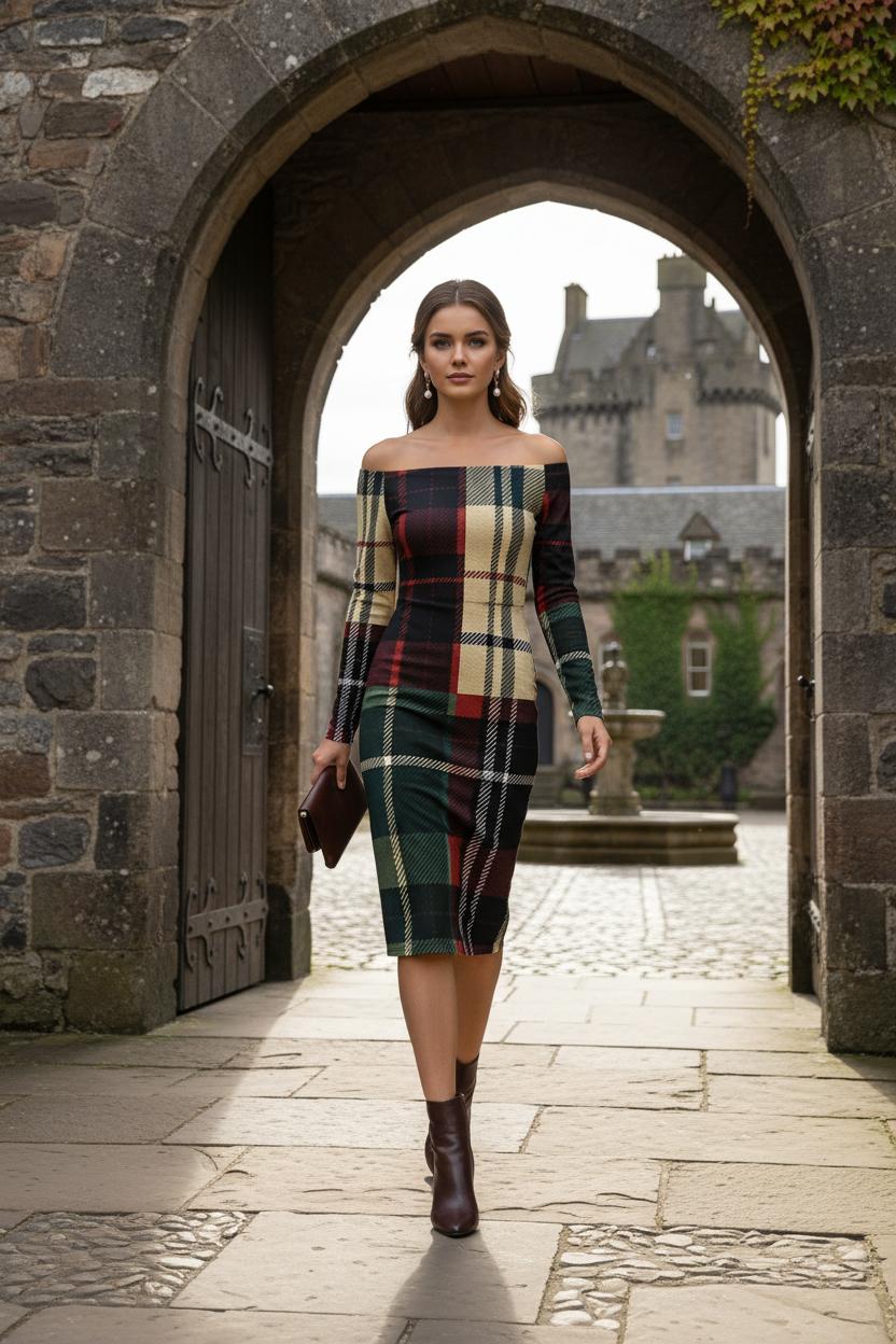 Burgundy green tartan off the shoulder midi dress long sleeve front view