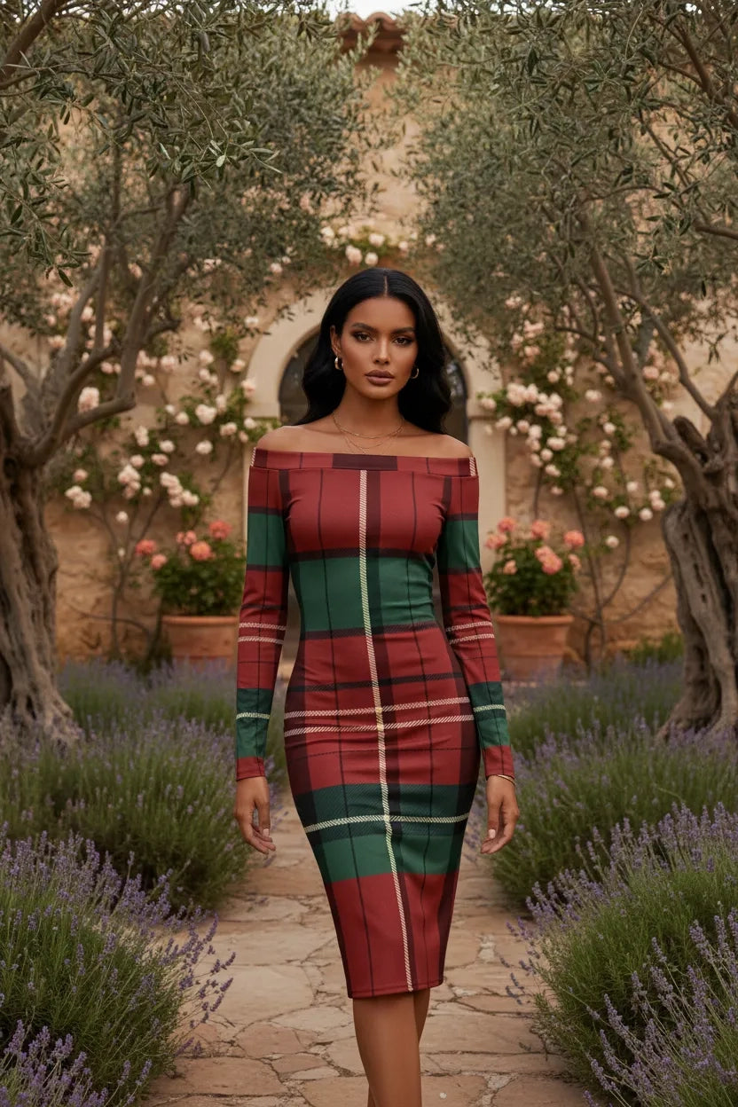 Angelic Blessings Shop burgundy green tartan off-shoulder dress worn outdoors by woman with long sleeves