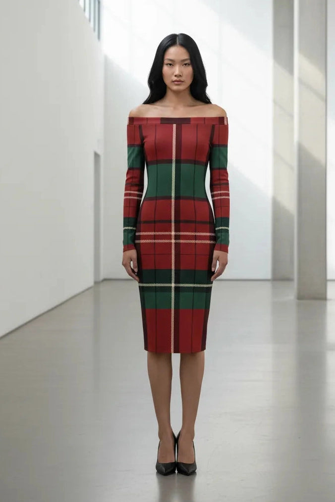 Model wearing a burgundy green tartan off-shoulder dress from Angelic Blessings Shop