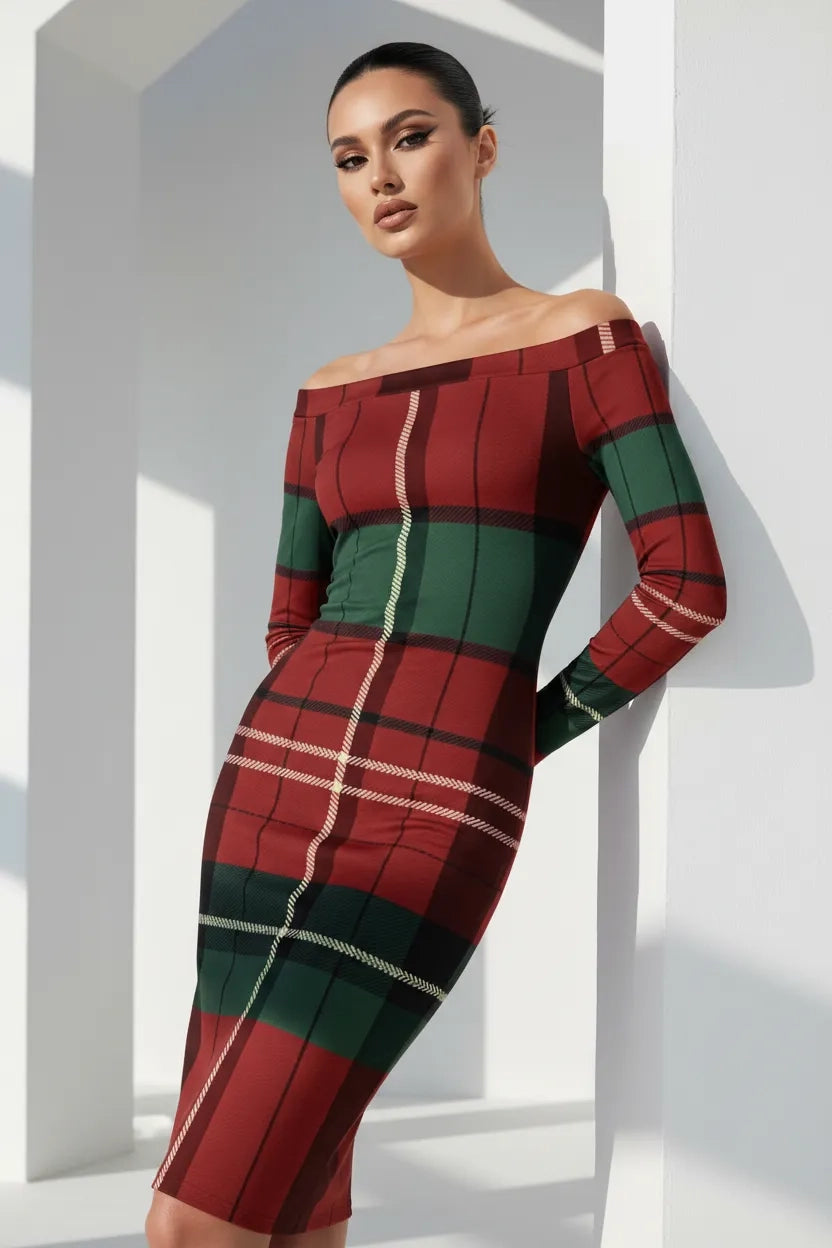 Angelic Blessings Shop burgundy green tartan off-shoulder dress with long sleeves on model