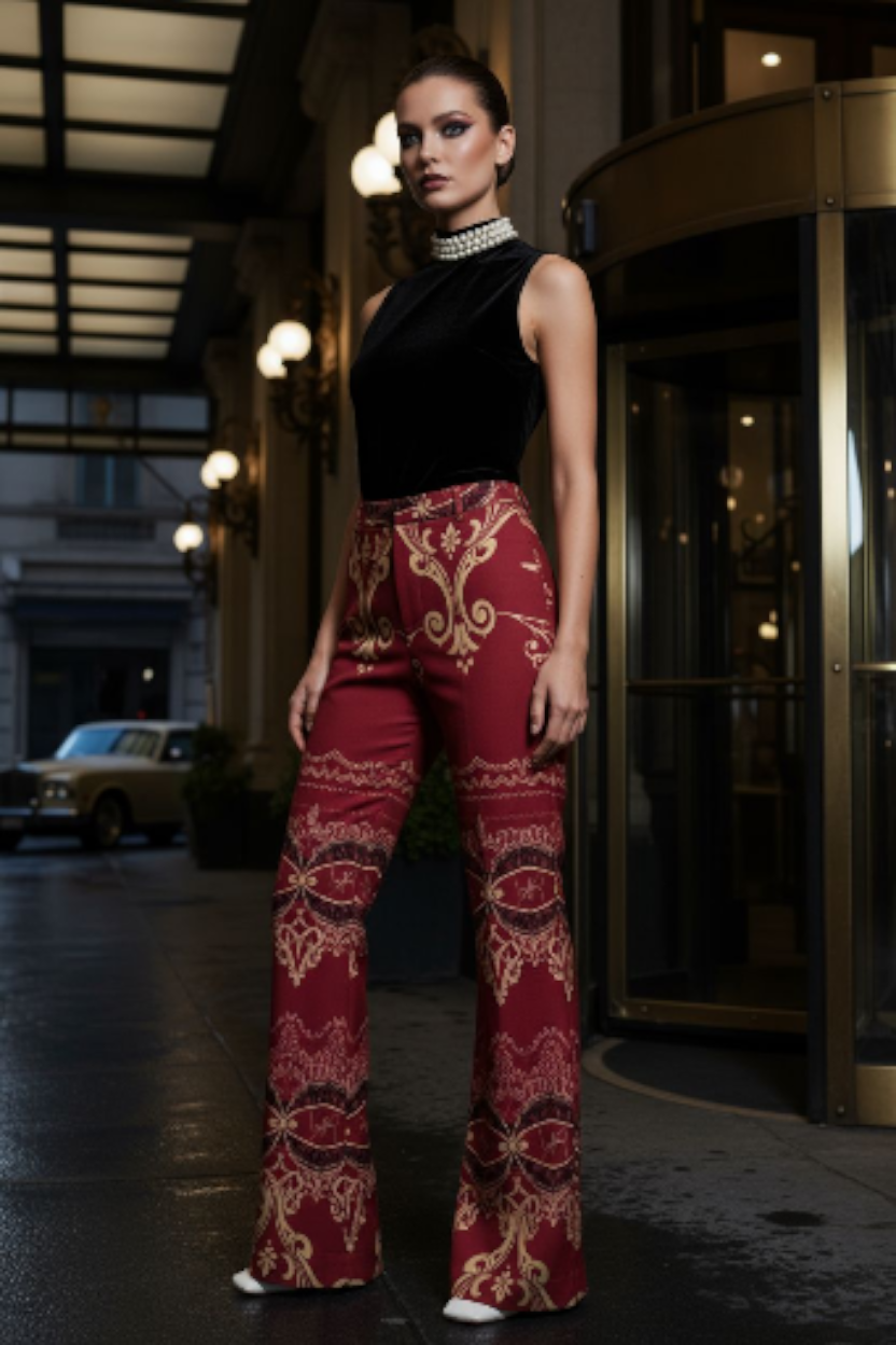 Woman wearing burgundy high waist wide leg pants with gold ornate patterns and black sleeveless top