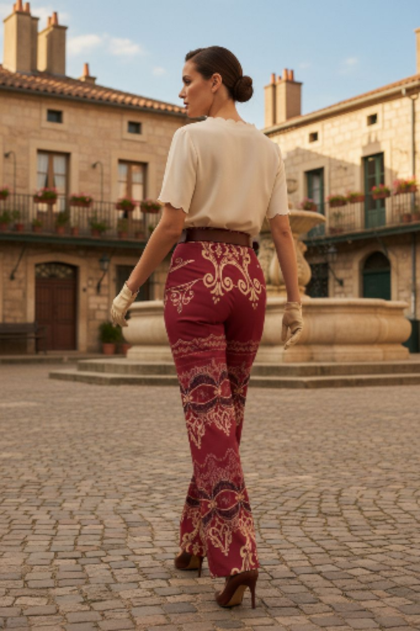Model wearing burgundy high waist wide leg pants with intricate pattern at Angelic Blessings Shop