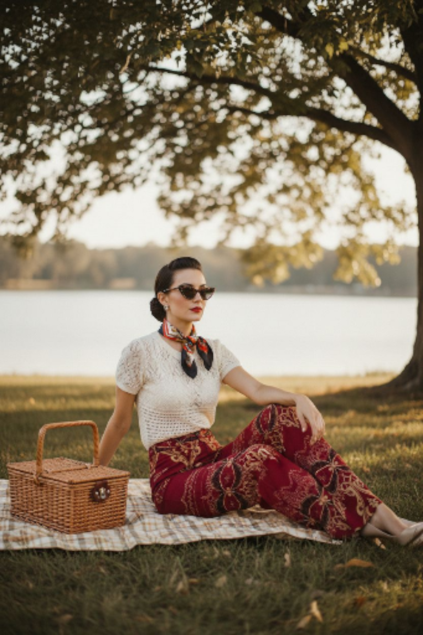 Woman sitting outdoors wearing burgundy high waist wide leg pants with a patterned design