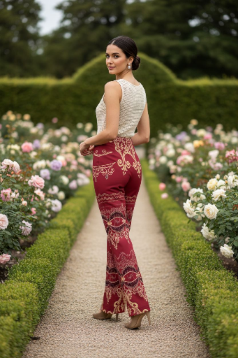 Woman wearing burgundy high waist wide leg pants with intricate patterns standing in a garden pathway