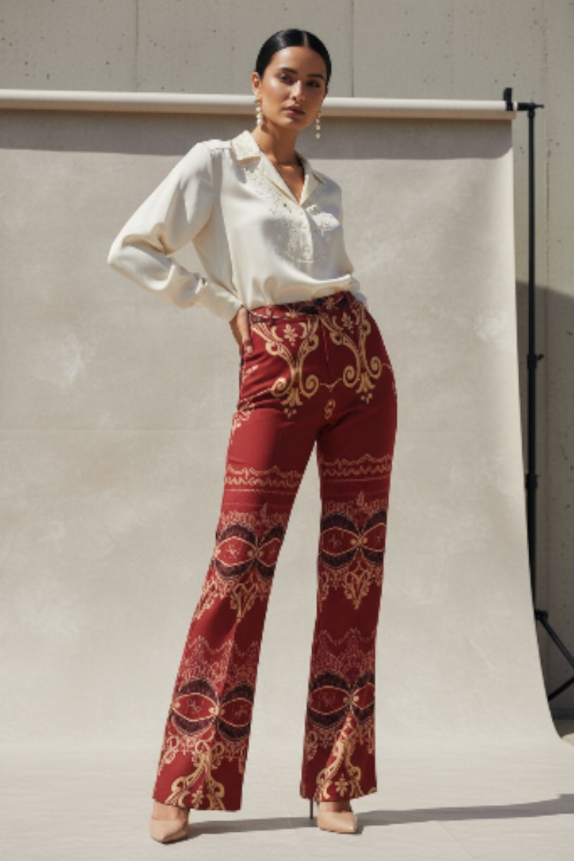 Model wearing burgundy high waist wide leg pants with gold patterns from Angelic Blessings Shop paired with a cream blouse
