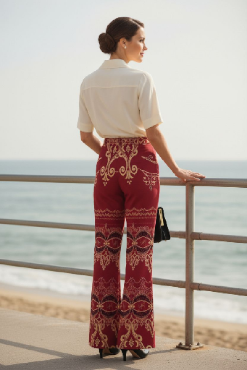 Woman wearing burgundy high waist wide leg pants with intricate gold patterns standing by the seaside railing