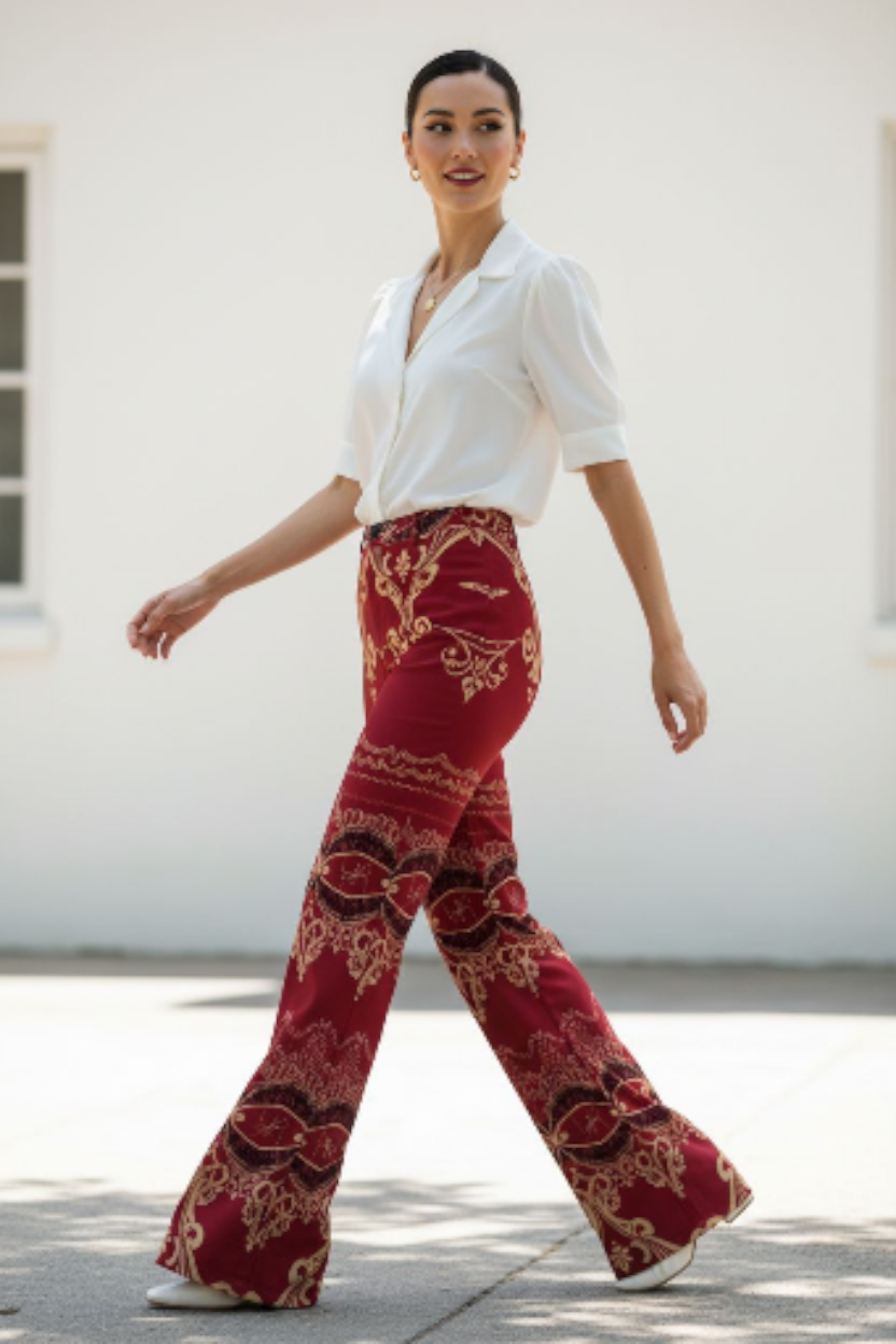 Woman wearing burgundy high waist wide leg pants with intricate patterns from Angelic Blessings Shop